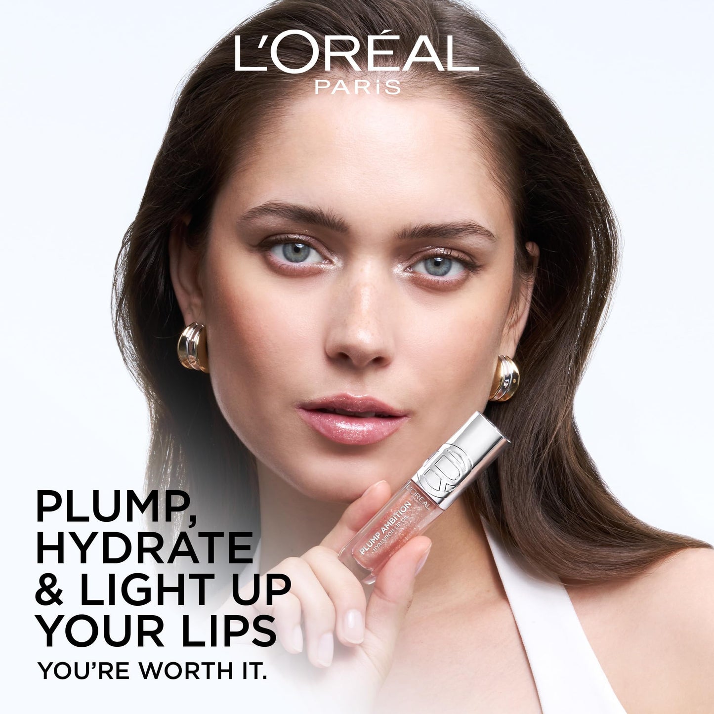 L'Oreal Paris Plump Ambition Hyaluron Lip Oil Shimmer, 24 HR Lip Gloss with Hyaluronic Acid, Volumizing Formula with Glass-Like Shine, Peach Lights,