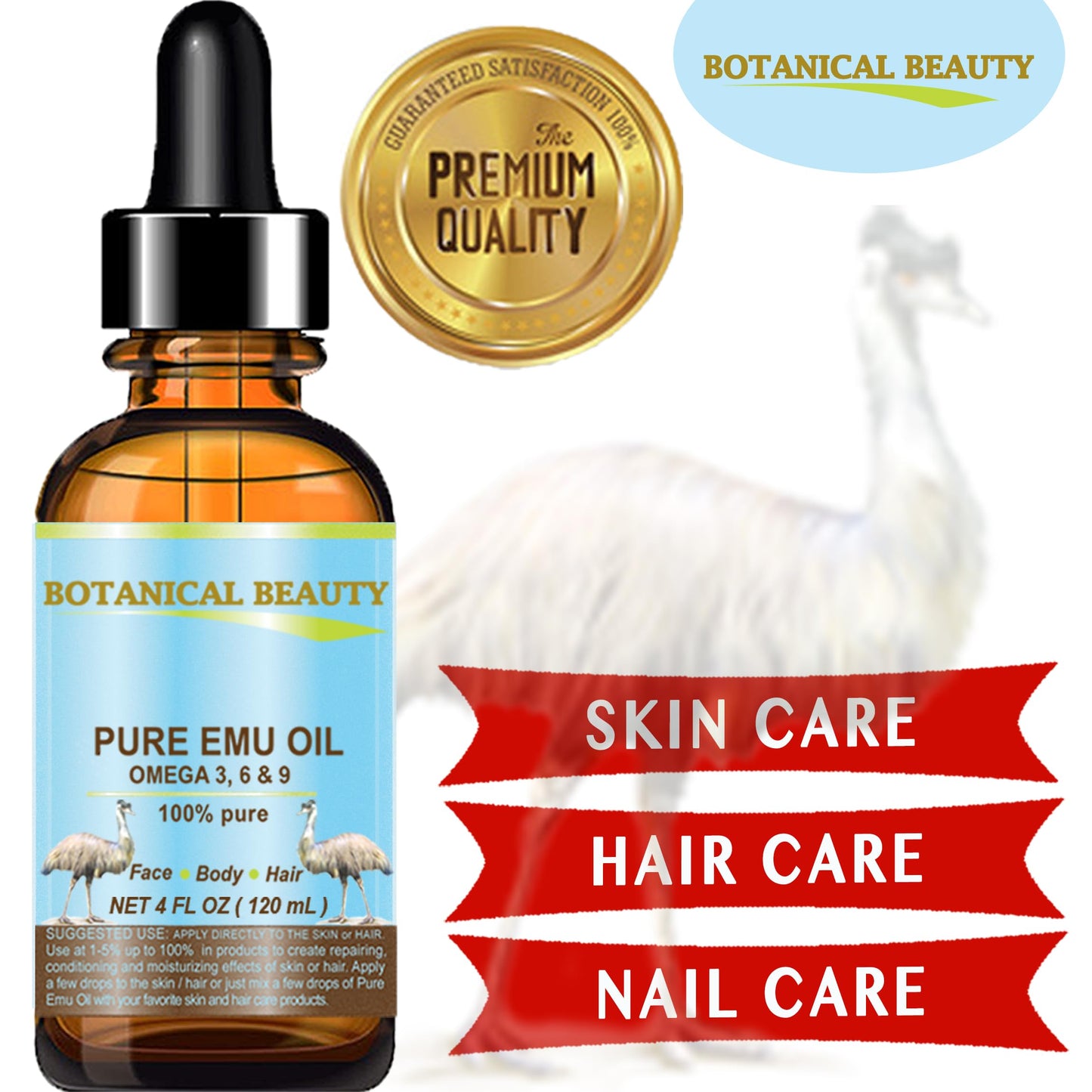 Botanical Beauty PURE EMU OIL 100% Natural UNREFINED for FACE, SKIN, BODY, HANDS, FEET, NAILS, HAIR, LIP CARE 1 Fl. oz. - 30 ml