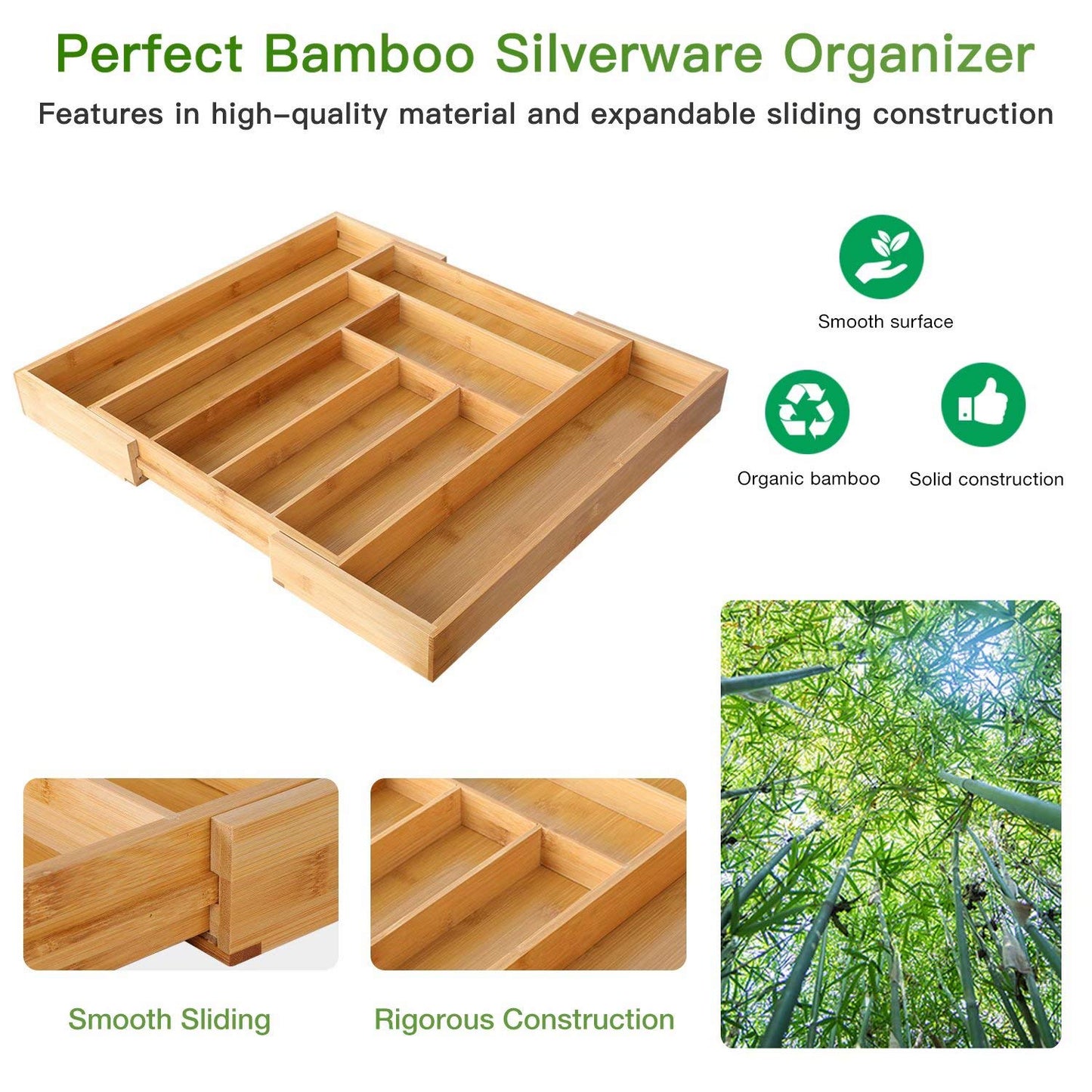 Pipishell Bamboo Expandable Silverware Organizer – Large Utensil Drawer Tray for Spoons, Forks, Knives & Multipurpose Kitchen Use, Natural