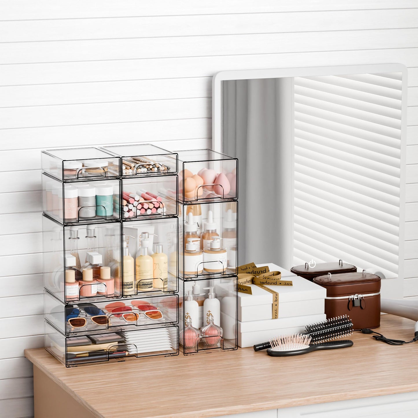 Yieach 6 Pack Small Stackable Storage Drawers,4.4 Inch Tall Stacking Acrylic Clear Storage Bins for Bathroom Vanity,Undersink,Pull Out Drawer Beauty and Personal Care Yieach