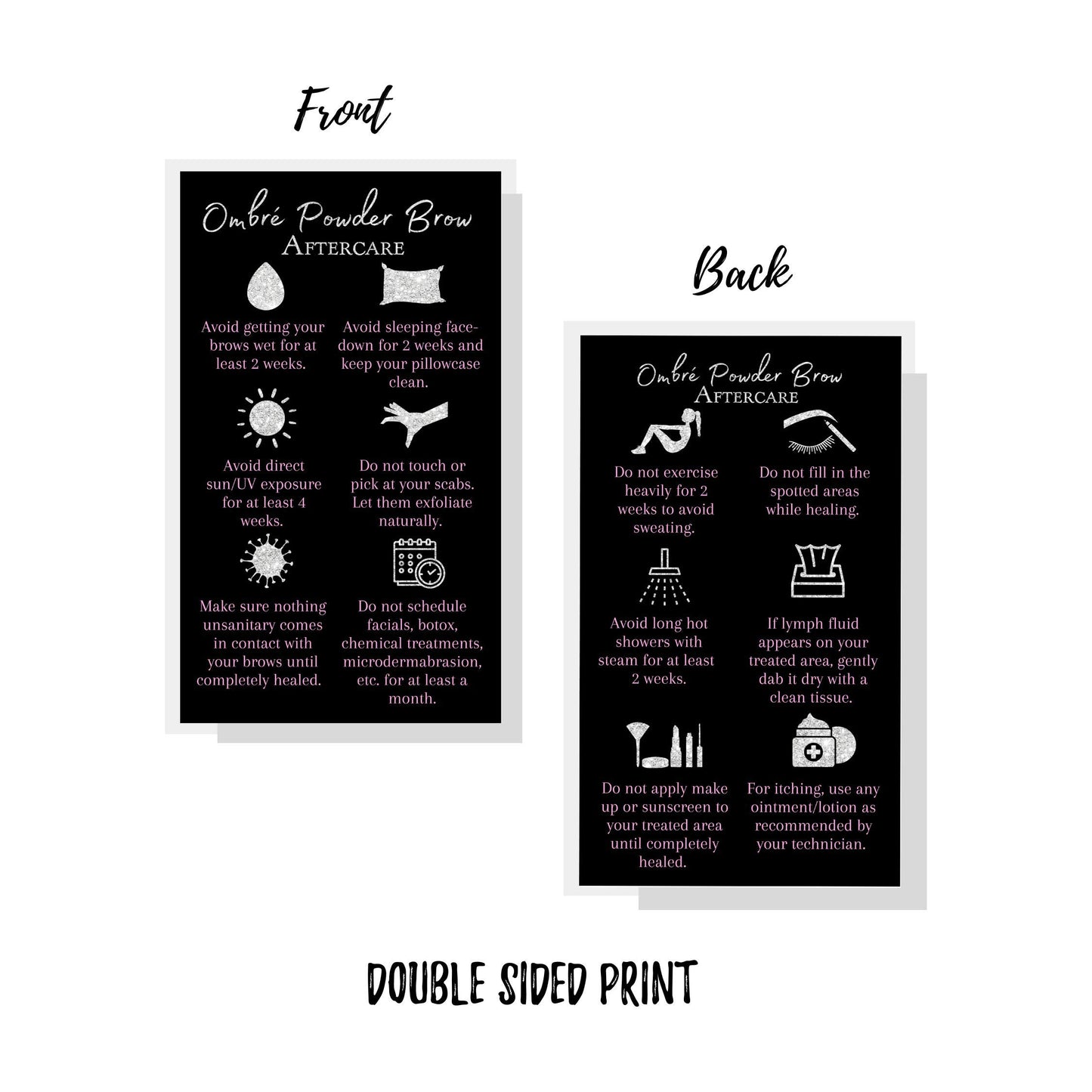 Ombre Powder Brow Aftercare Instructions Cards | Package of 50 | Size 2x3.5" inches Business Card | Black, Silver Glitter, and Light Pink Design