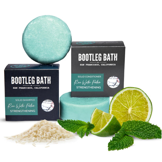 BOOTLEG BATH Strengthening Shampoo and Conditioner Bar Set with Rice Water Protein and Argan Oil, Vegan, Sulfate-Free, Phthalate-Free, Paraben-Free