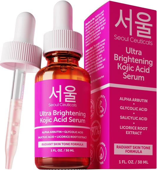 SeoulCeuticals Korean Skin Care Kojic Acid Serum Alpha Arbutin - Dark Spot Remover Corrector Glycolic Acid + Salicylic Acid K Beauty 1oz