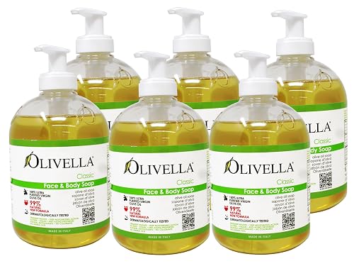 Olivella Classic Face and Body Soap with Ultra Purified Virgin Olive Oil, 16.9 Fl Oz - 6 Pack