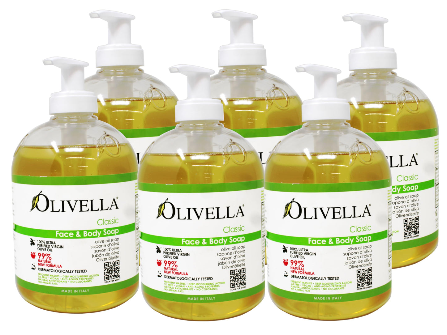 Olivella Classic Face and Body Soap with Ultra Purified Virgin Olive Oil, 16.9 Fl Oz - 6 Pack