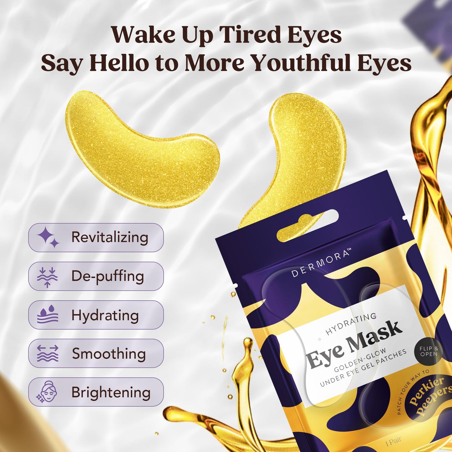 DERMORA Golden Glow Under Eye Patches - 50 Pairs Individually Packed, Hydrating Soft Gel Eye Masks for Puffiness, Wrinkles, Dark Circles & Fine Lines Beauty and Personal Care DERMORA