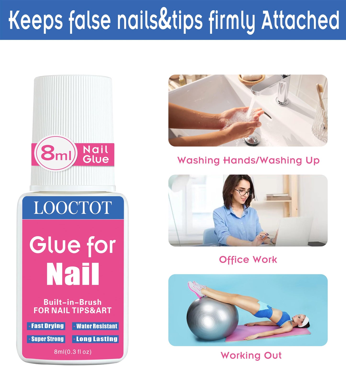 Super Strong Nail Glue for Nail Tips,Acrylic Nails and Press on Nails,Built in Brush on Nail Glue for Press on Nails,Long Lasting Nail Cement(8ml*2) Beauty and Personal Care LOOCTOT