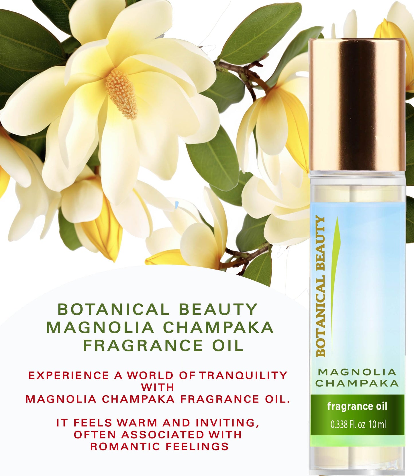Botanical Beauty MAGNOLIA CHAMPAKA FRAGRANCE OIL ROLL-ON 0.169 Fl Oz 5 ml Rollerball Perfume, Long Lasting an luxury scent of blend of Lilac, Jasmine