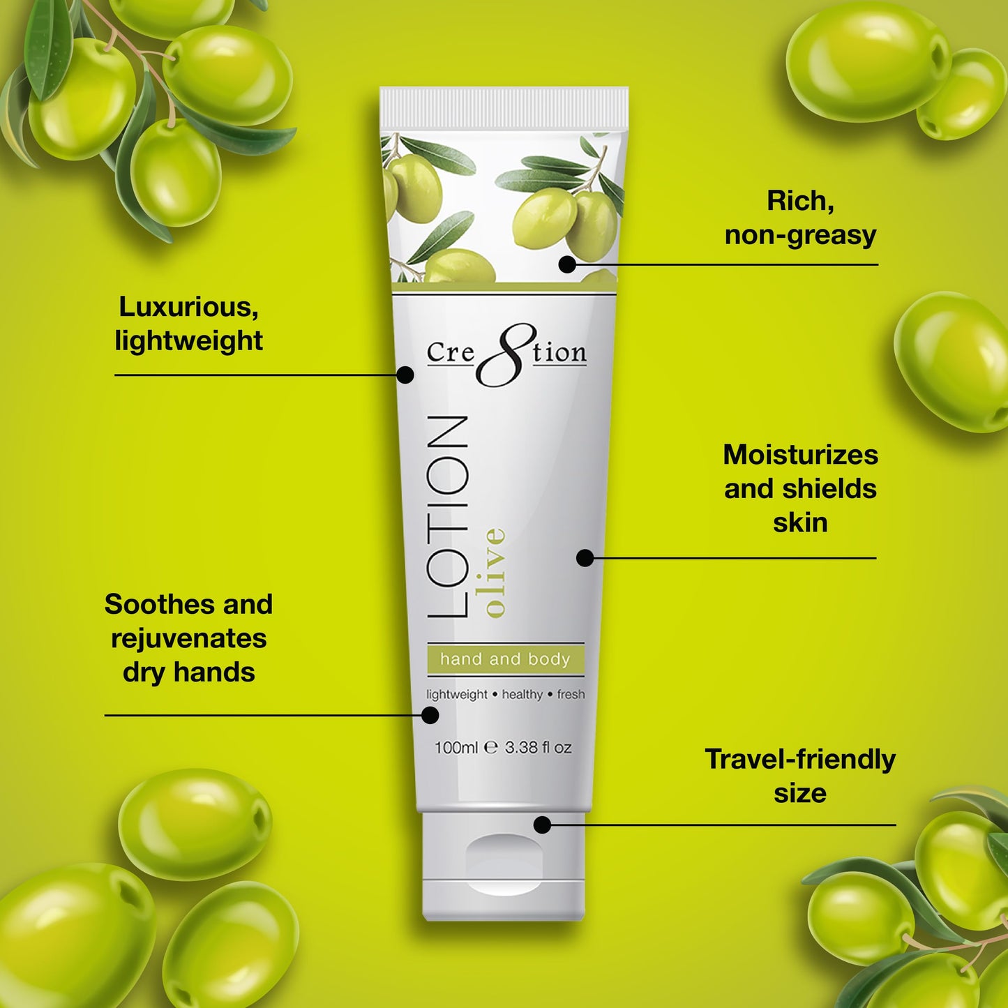 Cre8tion Spa Olive Hand & Body Lotion, Luxurious Lightweight Moisturizer for Silky, Smooth Skin, 3.3 Fl Oz