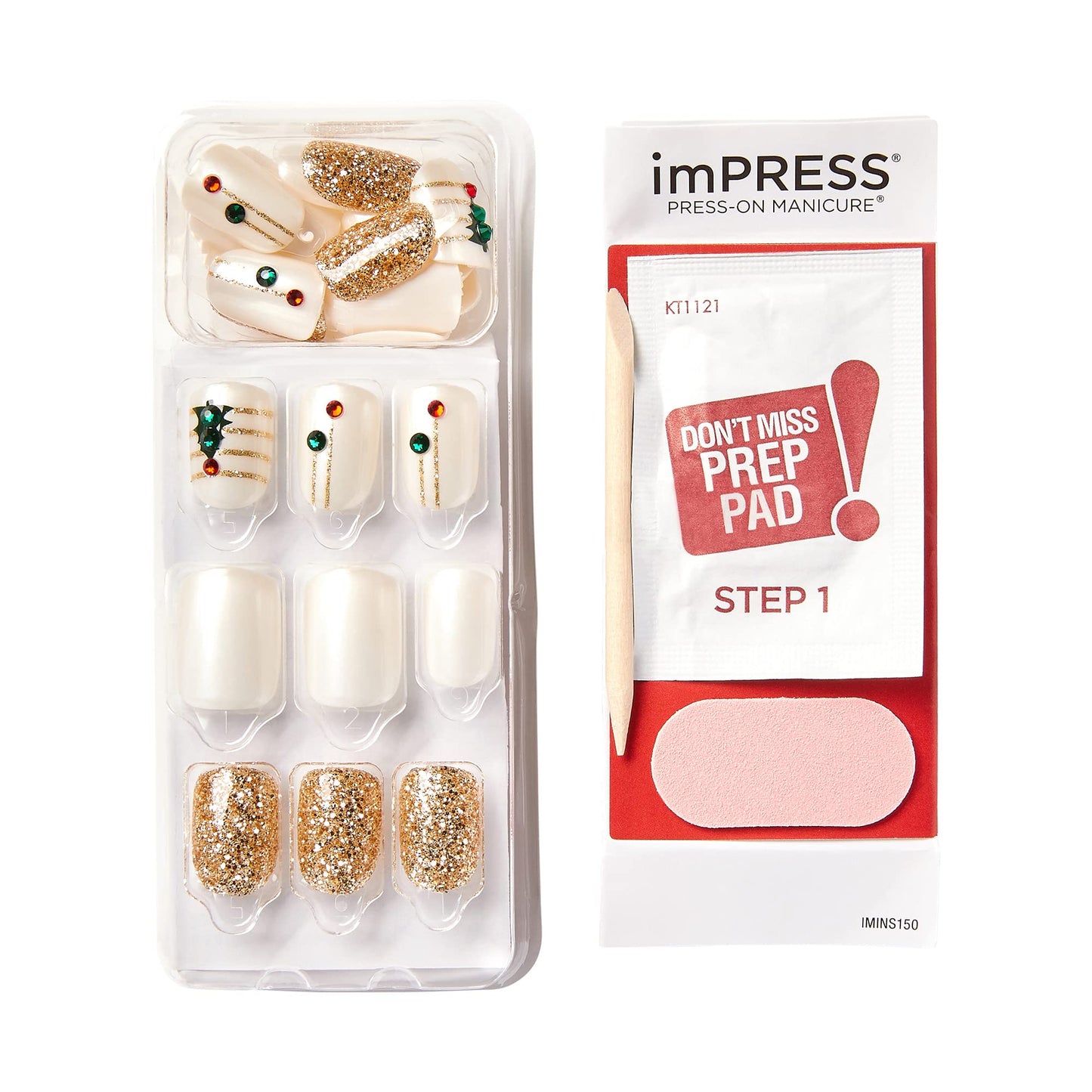 KISS imPRESS Limited Edition Holiday Press-On Nails, Short Size Square Fake Nails, with Prep Pad, Mini Nail File, Cuticle Stick, & 30 False Nails Beauty & Personal Care KISS