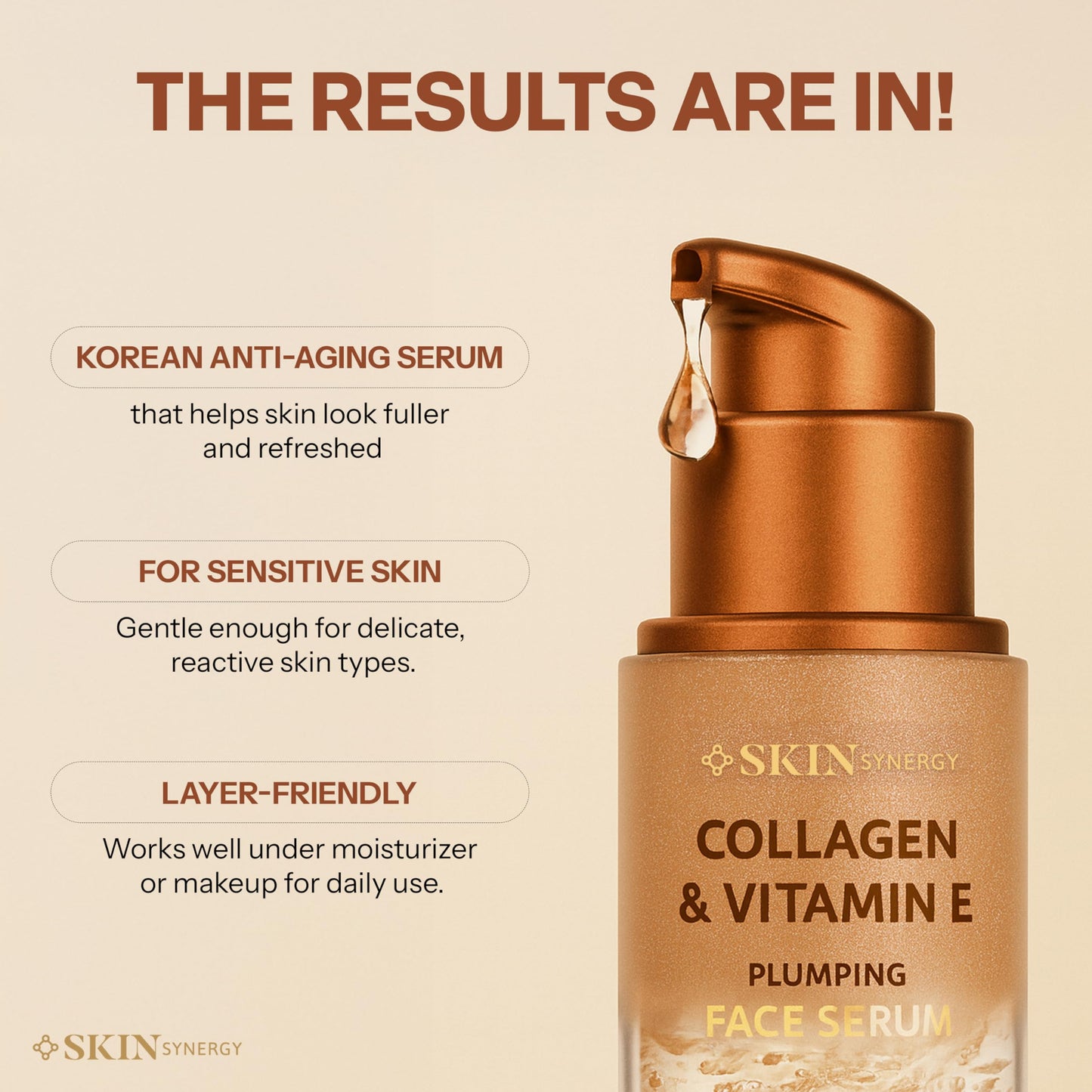 Skin Synergy Collagen & Vitamin E Face Serum - Hydrating, Firming & Nourishing Formula - Dermatologist Tested, Anti-Aging, Korean Skin Care - Clean