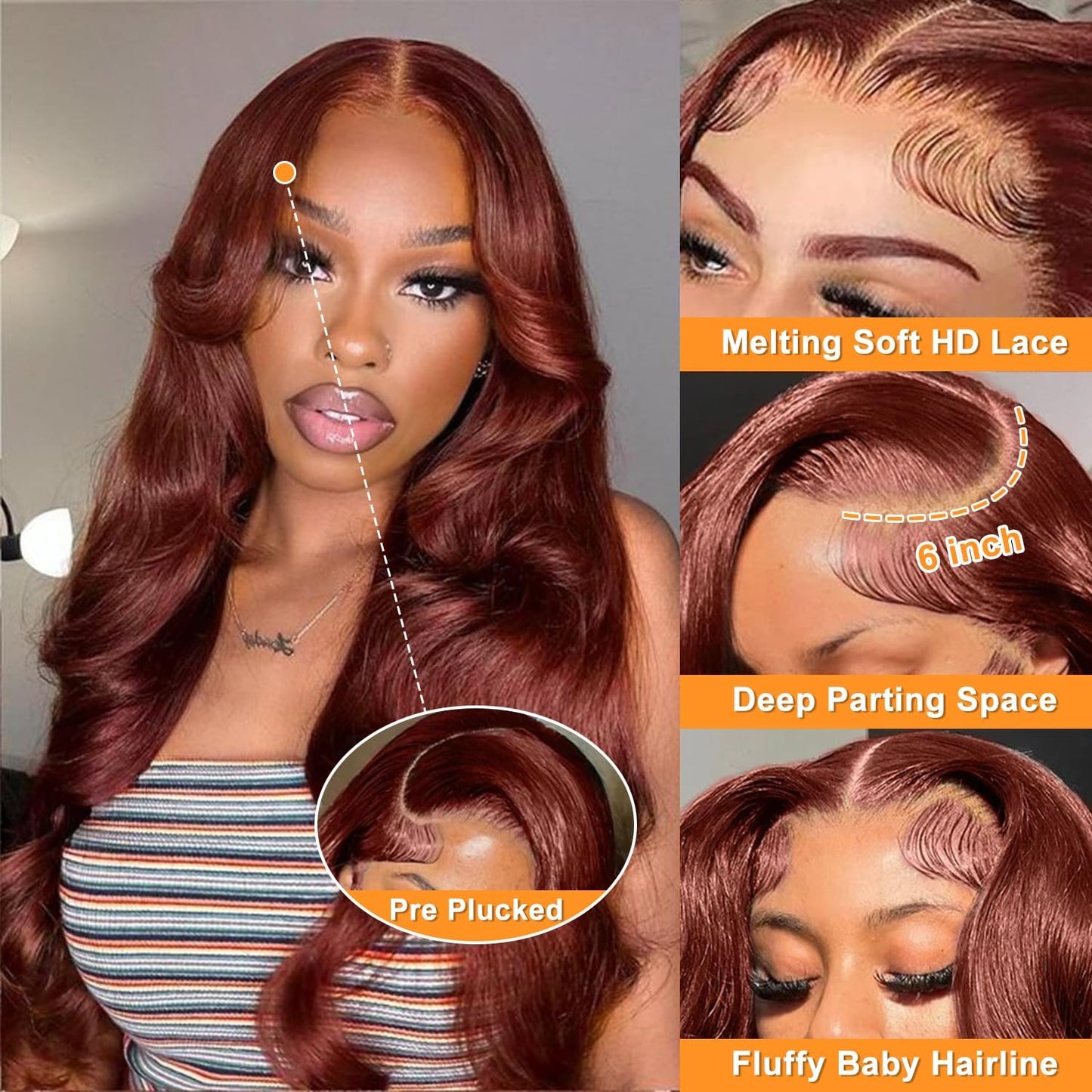 Uveous 13x6 Reddish Brown Lace Front Wigs Human Hair Body Wave Reddish Brown 13x6 HD Lace Frontal Wig for Women 180% Density Glueless Wigs Human Hair Beauty and Personal Care Uveous