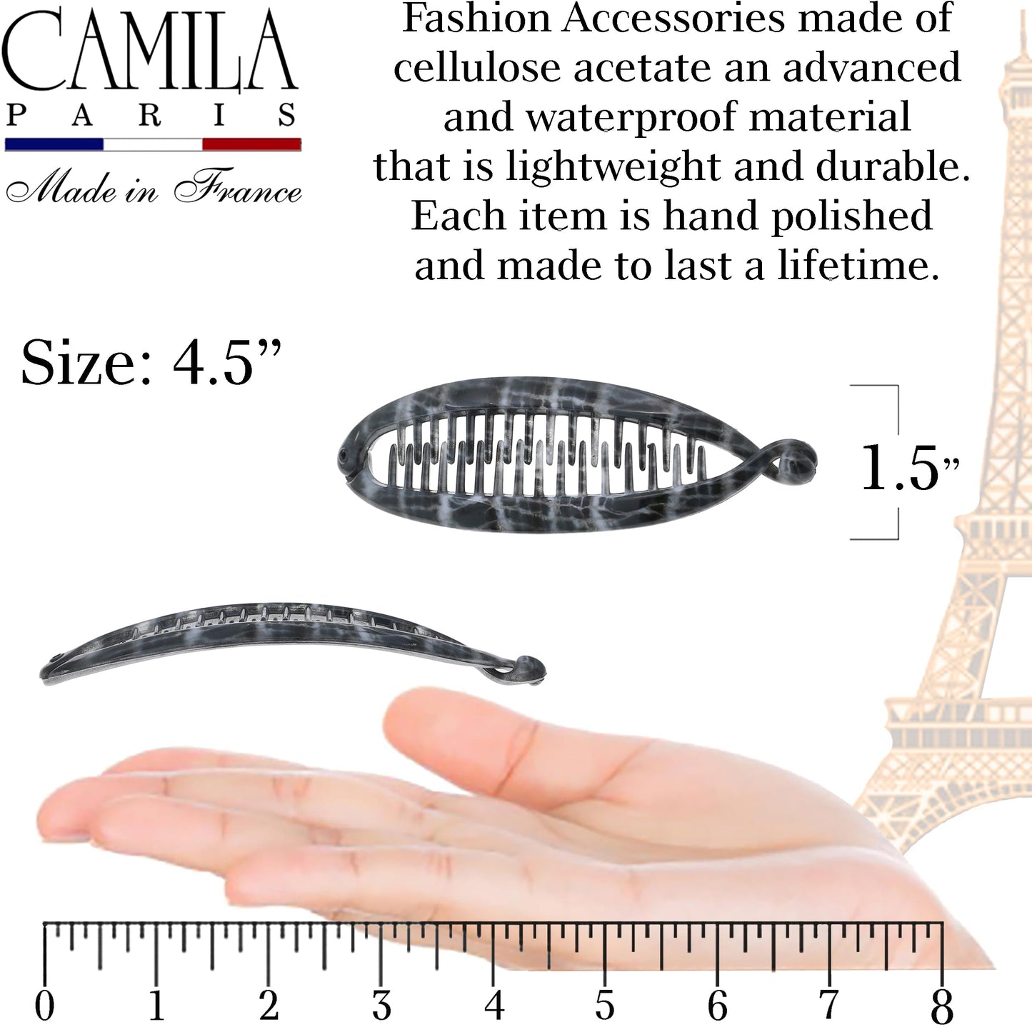 Camila Paris CP3102 4.5 inch French Banana Clip Hair Comb Classic Girls Updo Flexible Ponytail Holder Interlocking Banana Combs, Fashion Durable