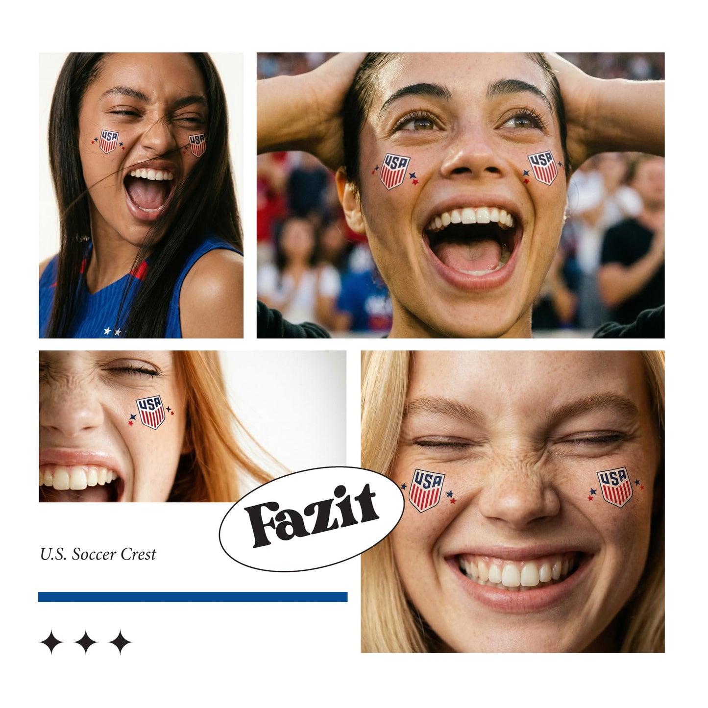 Fazit US Soccer Crest - Red, Blue & Silver Glitter Makeup Patches - Waterproof & Sweat-Proof Face Stickers - Long-Lasting Game Day Glam, USA Spirit