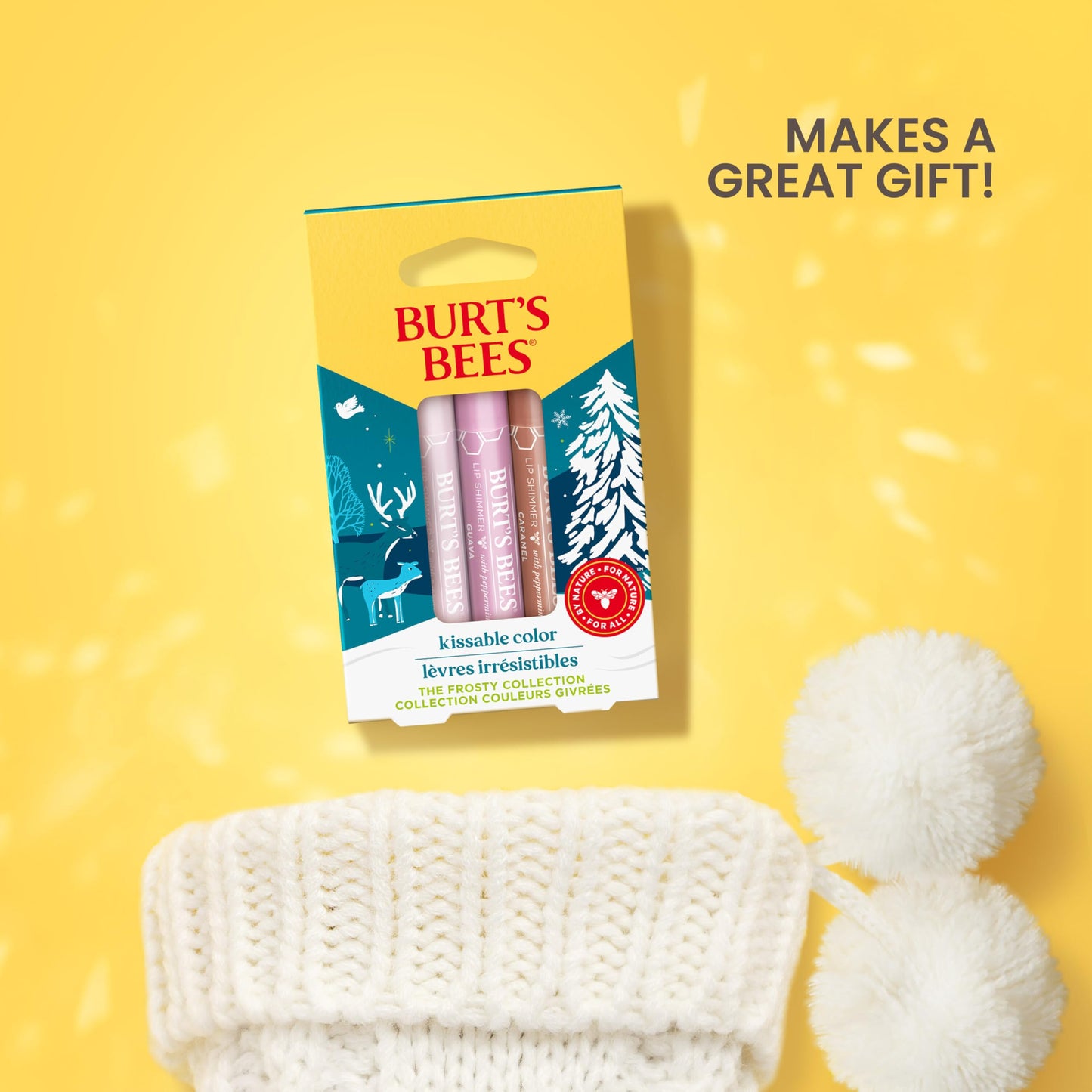 Burt's Bees Kissable Color Frosty Collection Lip Shimmer Gift Set, Champagne, Guava and Caramel Tinted Lip Shimmer, Natural Origin Lip Care, 3 Tubes