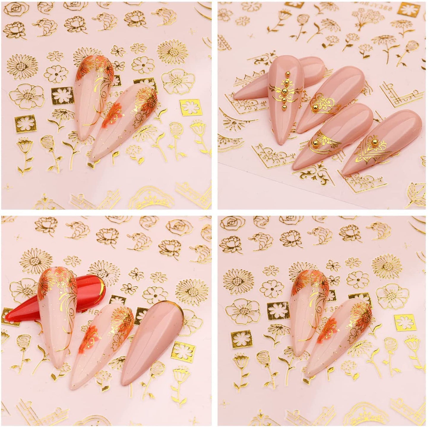 Flowers Nail Art Stickers Decal 3D Self-Adhesive Gold Flower Leaf Lace Nail Supplies Flower Nail Stickers Geometry Line Nail Designs for Women Girls