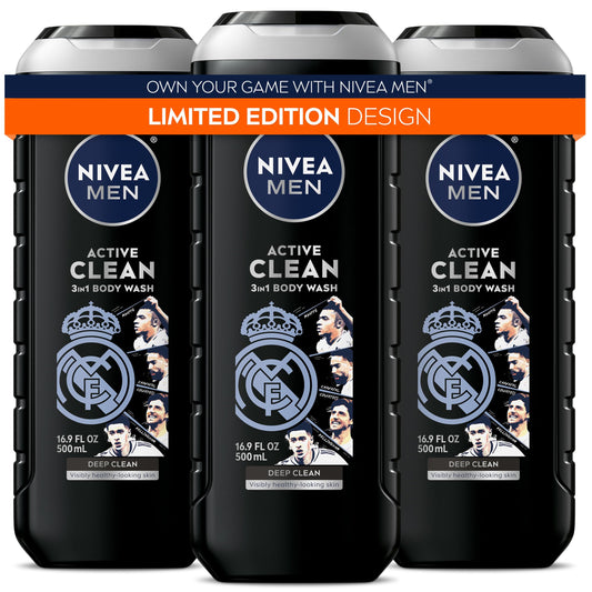 NIVEA MEN Real Madrid Limited Edition Design Active Clean Body Wash with Natural Charcoal for Normal to Oily Skin, 3-in-1 Charcoal Body Wash, Face Beauty & Personal Care NIVEA MEN