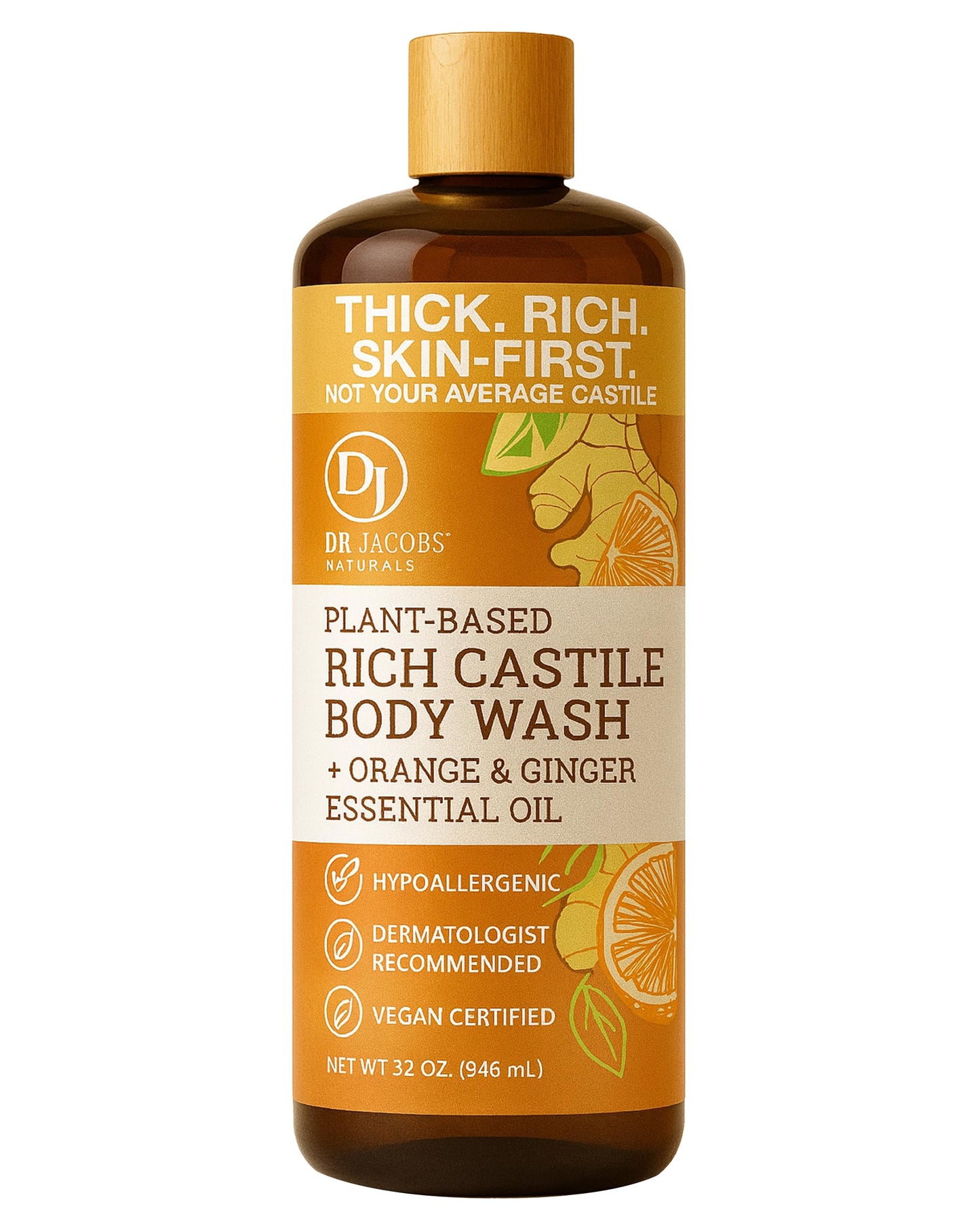 Dr. Jacobs Naturals Pure Castile Soap Liquid Body Wash, Orange & Ginger - Plant Based Soap Infused with Vitamin E & Aloe Vera to Moisturize Dry