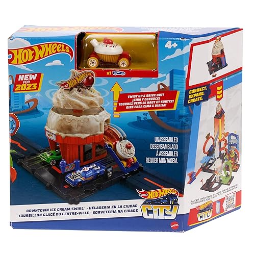 HOT WHEELS City Downtown Spielset Eiskrem-Strudel - Rennbahn-Action mit manuellem Aufzug, Eiskrem-Wirbel und herunterklappbarer Rampe, inklusive 1…