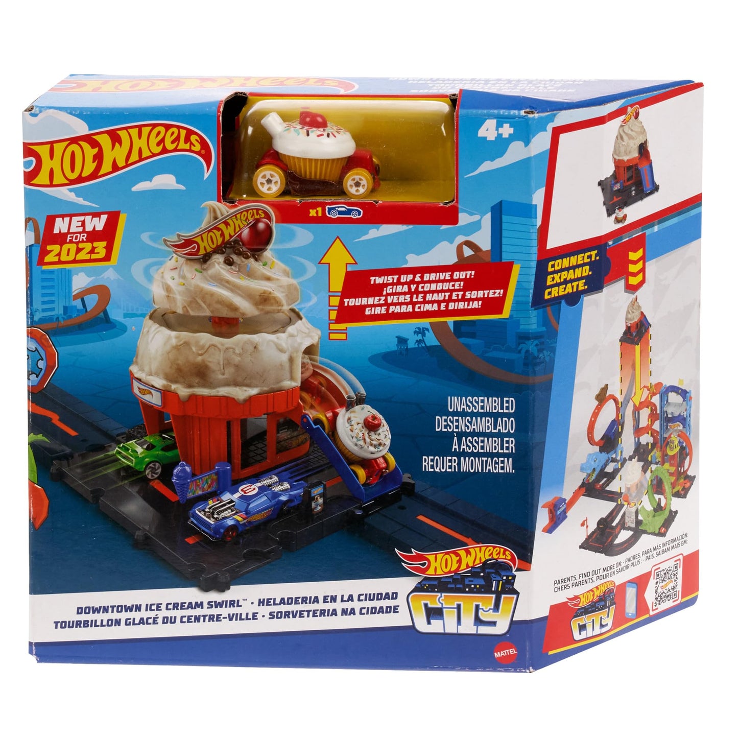 HOT WHEELS City Downtown Spielset Eiskrem-Strudel - Rennbahn-Action mit manuellem Aufzug, Eiskrem-Wirbel und herunterklappbarer Rampe, inklusive 1…