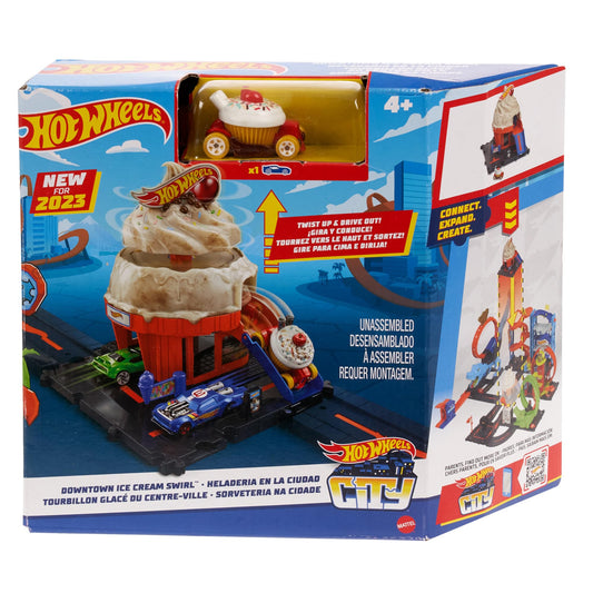 HOT WHEELS City Downtown Spielset Eiskrem-Strudel - Rennbahn-Action mit manuellem Aufzug, Eiskrem-Wirbel und herunterklappbarer Rampe, inklusive 1…