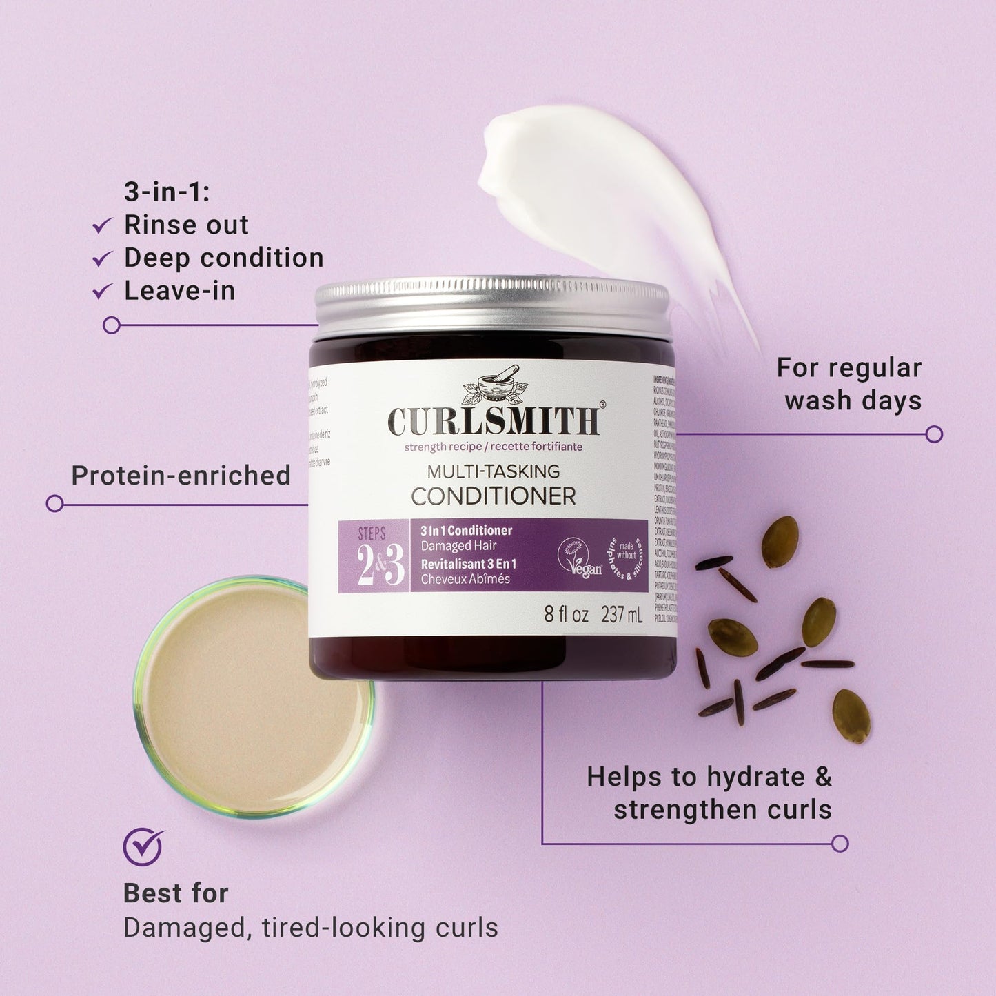 CURLSMITH Multi-Tasking 3-in-1 Conditioner, Use as a Protein-Rich Rinse-Out Conditioner or Leave-In Conditioner or Deep Conditioner, For All Curl