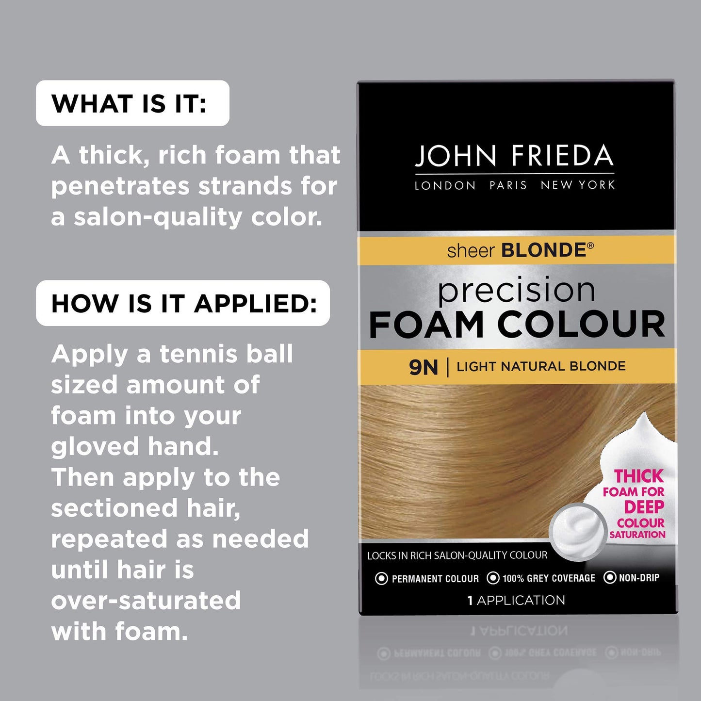 John Frieda Precision Foam Colour, Light Natural Blonde 9N, Full-Coverage Hair Color Kit, Anti-Fade Gray Coverage, Deep Color Saturation Hair Dye, 1
