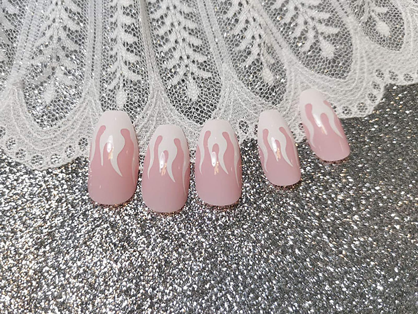 BABALAL 24Pcs Medium Coffin Fake Nails Pink White Flame False Nails Glossy Ballerina Press on Nails for Women and Girls