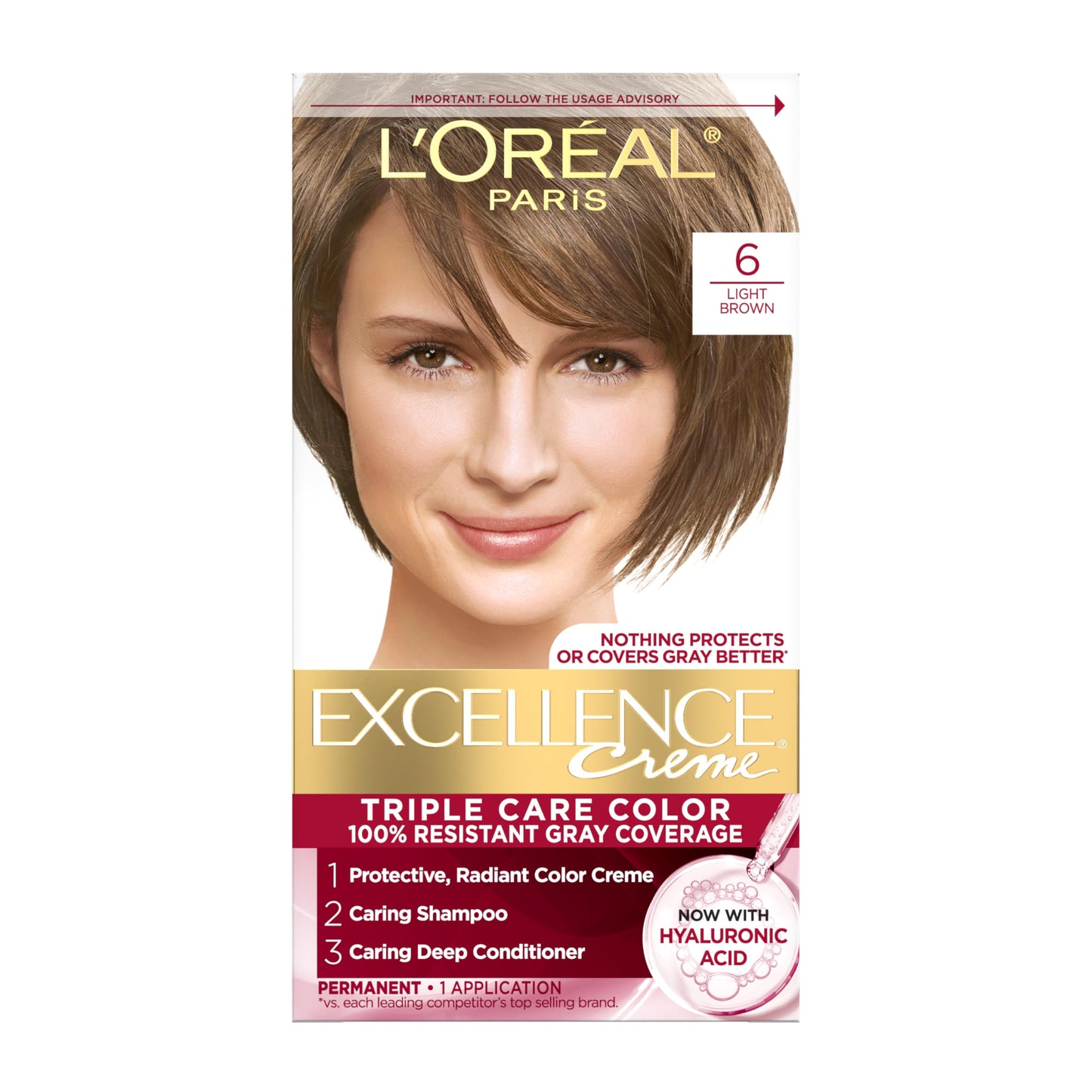 L'Oreal Paris Excellence Crème Permanent Hair Dye, Triple Care Hair Color with Hyaluronic Acid for 100% Gray Coverage, 6 Light Brown, 1 Kit (Packaging