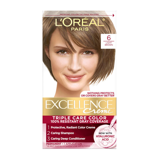 L'Oreal Paris Excellence Crème Permanent Hair Dye, Triple Care Hair Color with Hyaluronic Acid for 100% Gray Coverage, 6 Light Brown, 1 Kit (Packaging