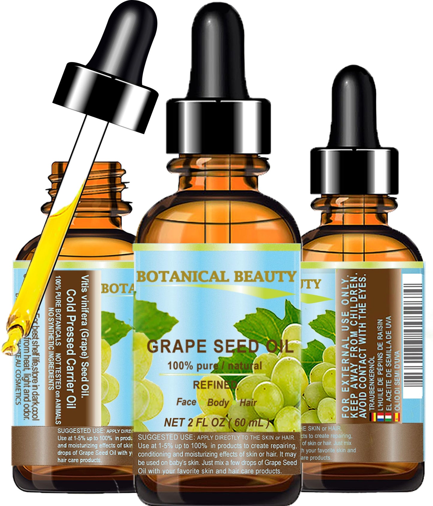 Botanical Beauty GRAPE SEED OIL 100% Pure Natural Undiluted Refined Cold Pressed Carrier Oil for Face, Skin, Body, Hair, Massage, Lip, Nails (2 Fl Oz