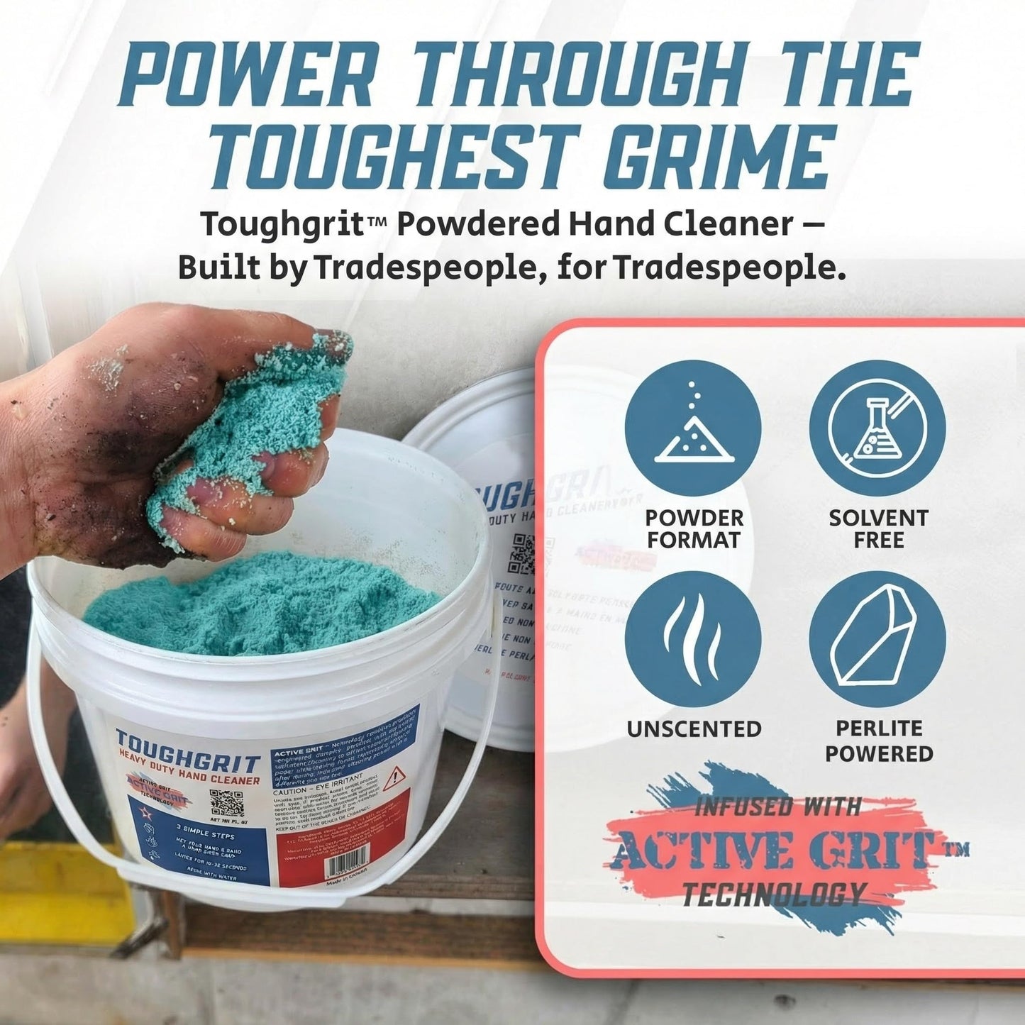 Toughgrit Heavy Duty Powder Hand Cleaner - Perlite Abrasive, Solvent-Free, Unscented - Cuts Grease, Oil, Paint & Industrial Grime - Skin-Safe