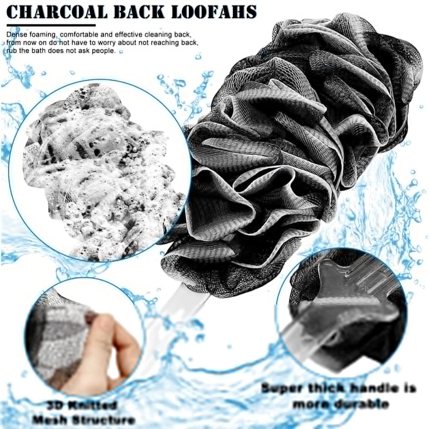Loofah Handled Back Brush for Shower & Bath Shower Scrubber Bouquet Sponge,1 Pack Long Handled Shower Sponge,2 Pack 75g XL Exfoliate Charcoal Mesh