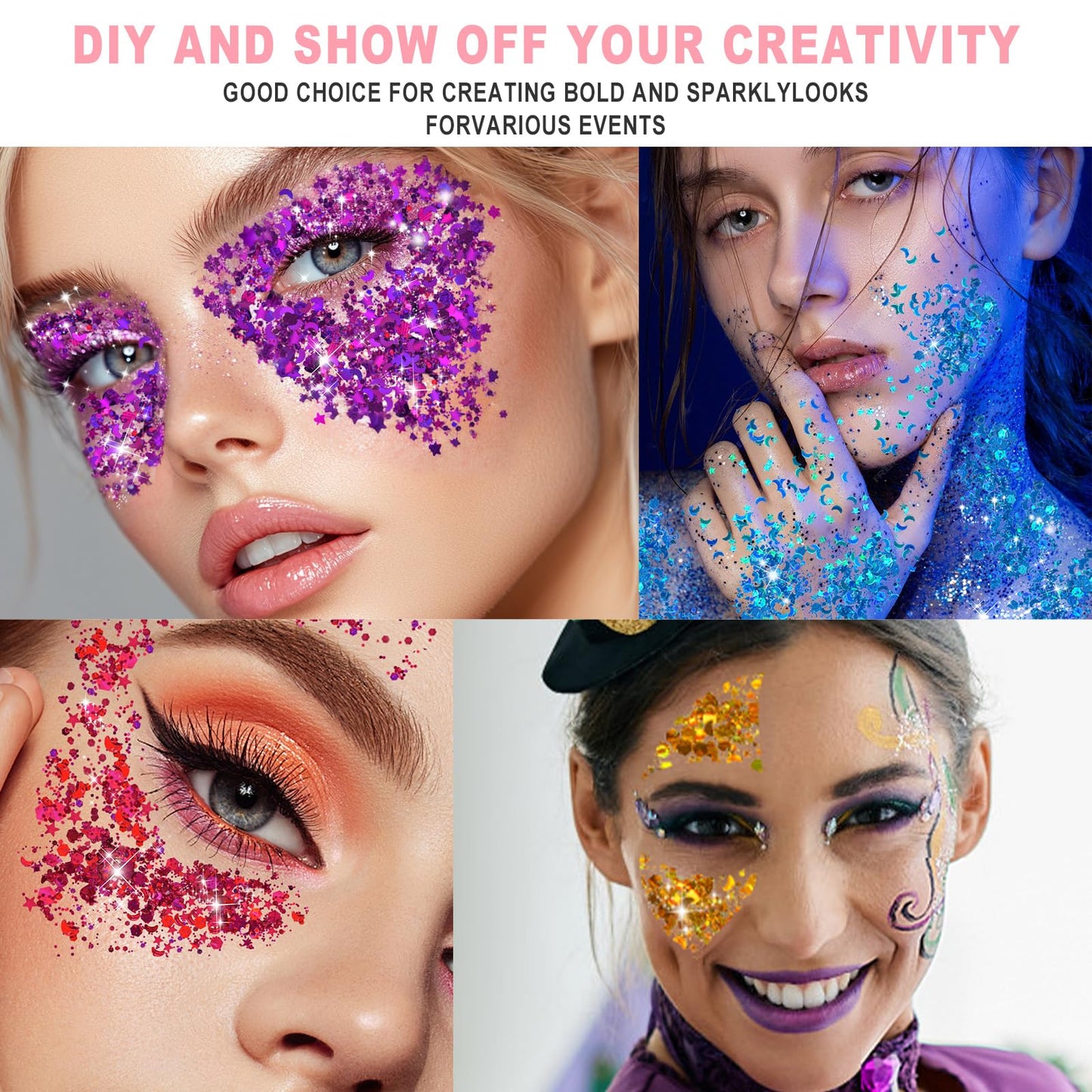 Pink Body Glitter Gel for Face, Hair and Makeup - Festival Rave Chunky Sparkling Halloween Glitter for Women