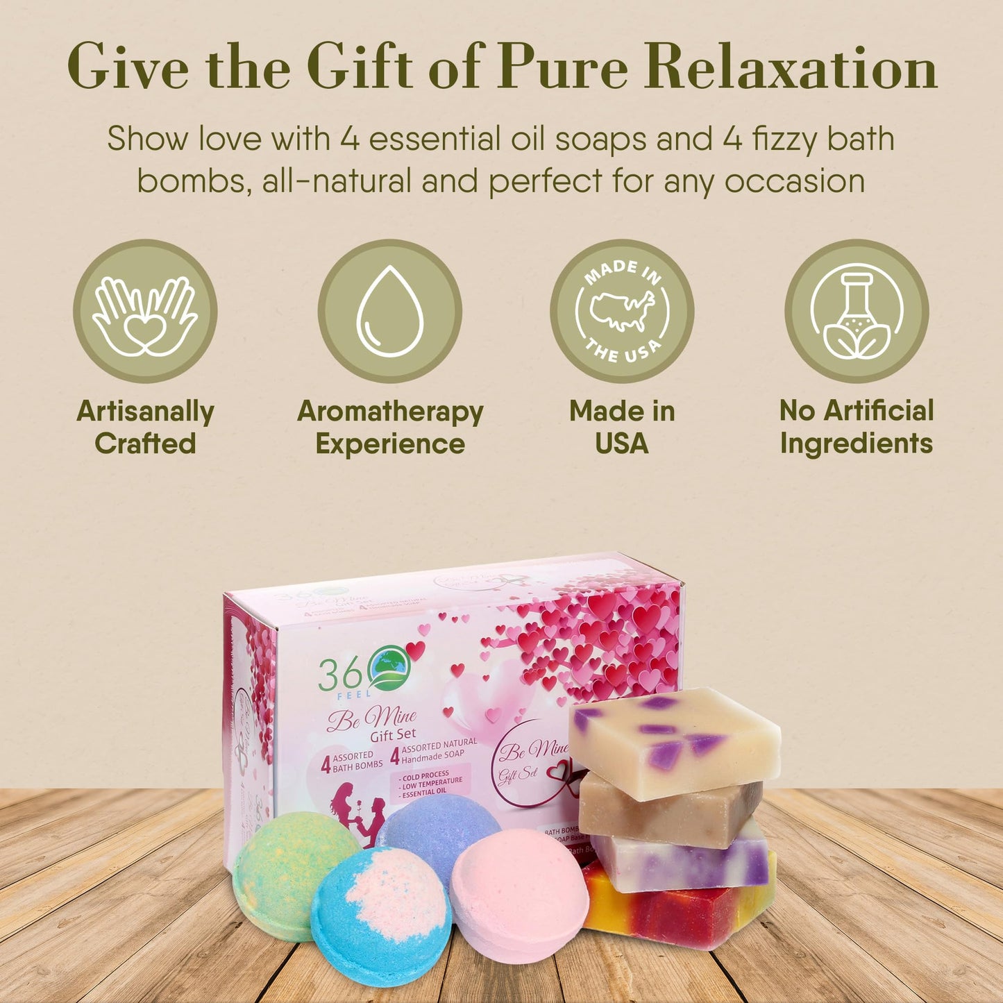 360Feel Be Mine 4 Bath Bombs Plus 4 Handmade Soap Gift Essential Oil Organic Bath Bomb gifts for Men Women