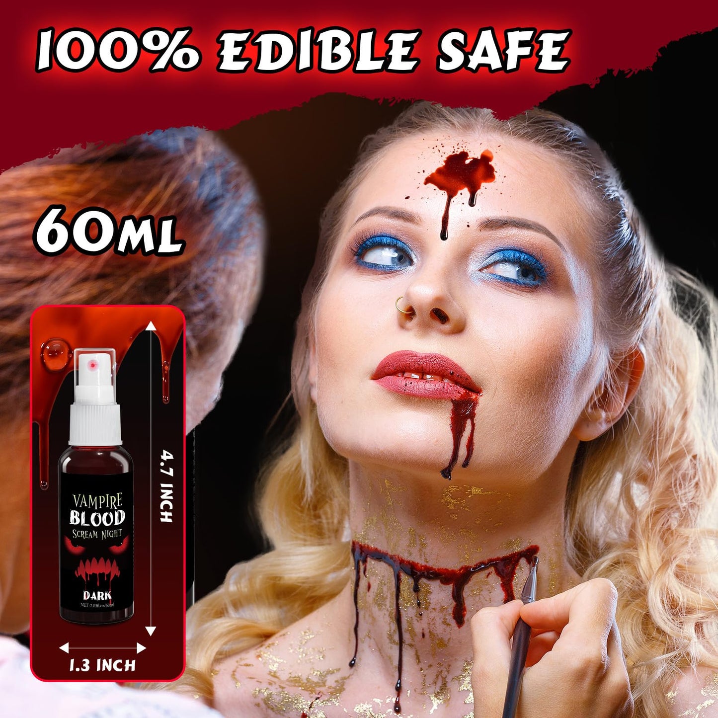 Fake Blood Spray, 2.03 oz Vampire Blood Splatter, Halloween Fake Blood for Clothes, Zombie Bride, Vampire and Monster SFX Scary Clown Makeup & Dress