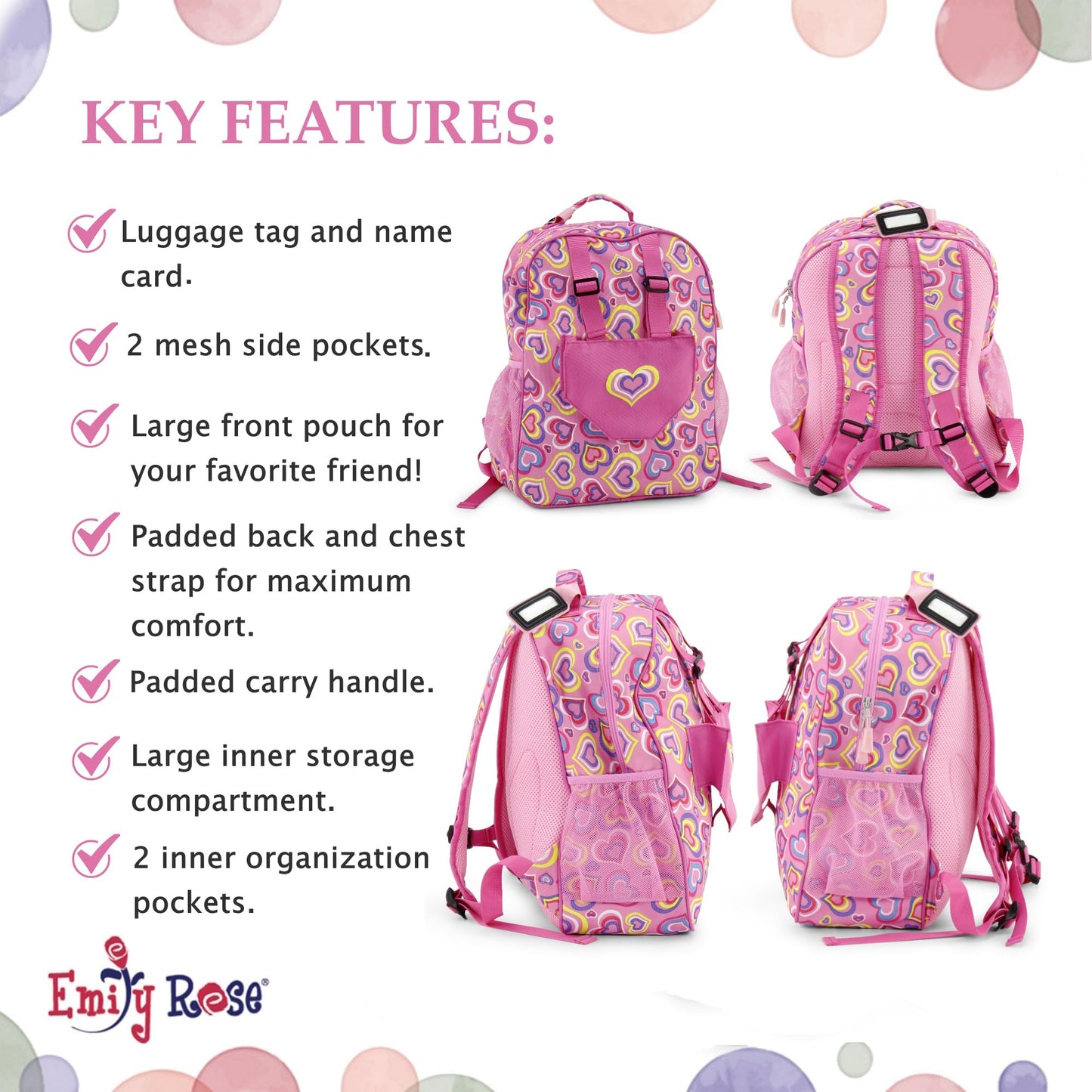 Emily Rose Kids Daypack Overnight Backpack 18-inch Doll Travel Carrier Includes Carry Pouch for Baby Dolls/Stuffed Animals | Little Girls Back Pack for School and Sleepovers (Playful Hearts)