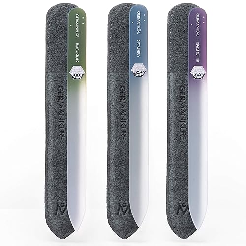 GERMANIKURE Czech Crystal Glass Nail File 3 Pack in Suede Sleeves - Professional Manicure & Pedicure Products for Smooth Easy Shaping of Natural Nails