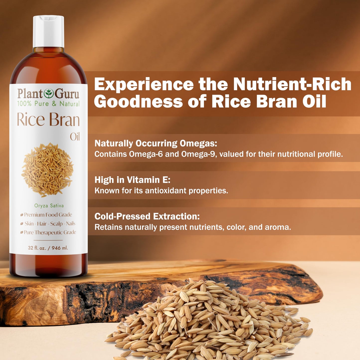 Plant Guru Rice Bran Oil 4 fl. oz. - 100% Pure & Natural Carrier Oil for Skin, Face, Body, and Hair Moisturizing. Great for DIY Creams, Lotions Beauty & Personal Care Plant Guru