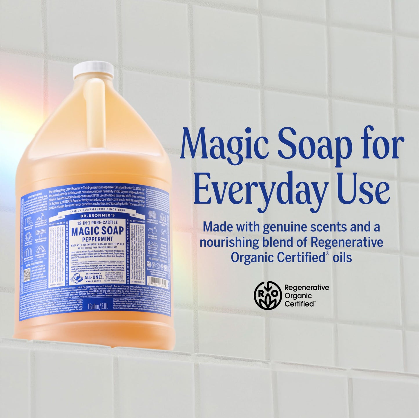 Dr. Bronner's Pure-Castile Magic Soap Liquid (Peppermint, 1 Gallon) - Made with Regenerative Organic Certified Oils - For Face, Hair, Laundry, Dishes
