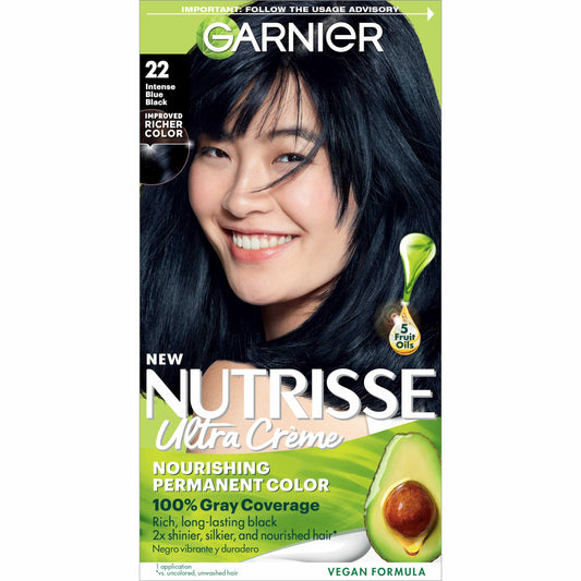 Garnier Nutrisse Nourishing Color Creme, 22 - Intense Blue Black, Permanent Hair Dye, Nourishing Hair Color with Avocado, Olive and Shea Oils, Box Beauty & Personal Care Garnier