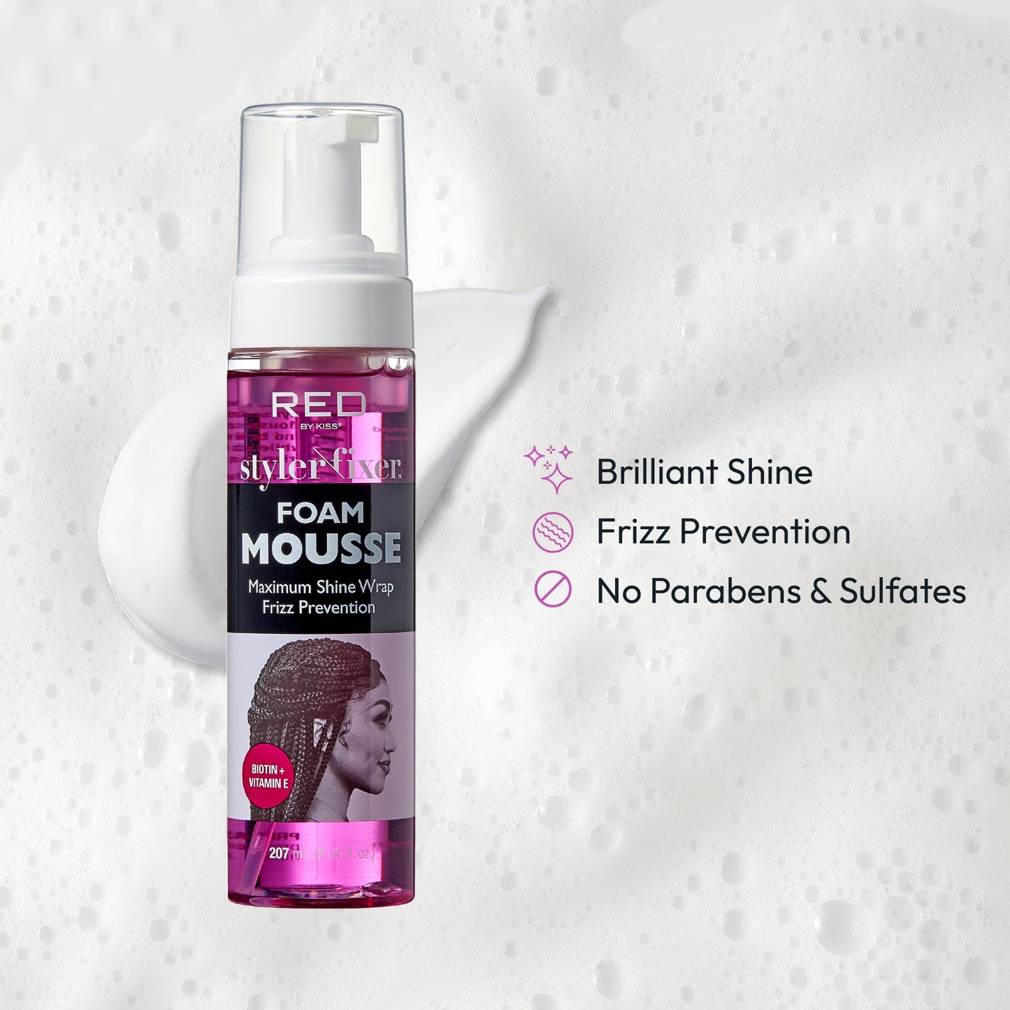 Red by Kiss Foaming Mousse, Maximum Shine Wrap Mousse, Reduce & Prevent Frizz, Define Curls, Set & Hold Styles, Nourishes Dry & Brittle Hair (Biotin +