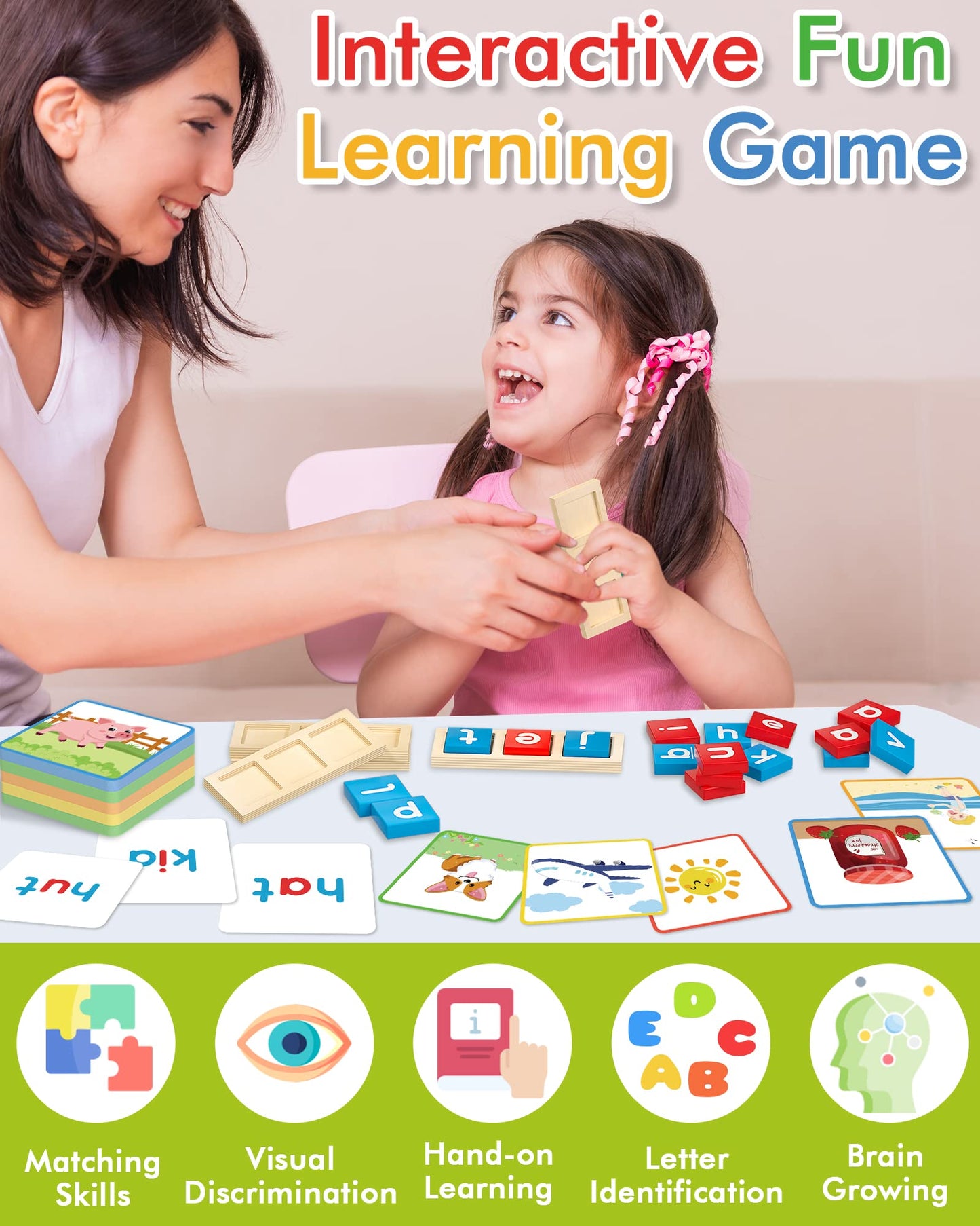 Gojmzo Wooden CVC Word Spelling Games – Montessori Learning Toy with Sight Words Flash Cards, Educational Activity for Kids Ages 3–6