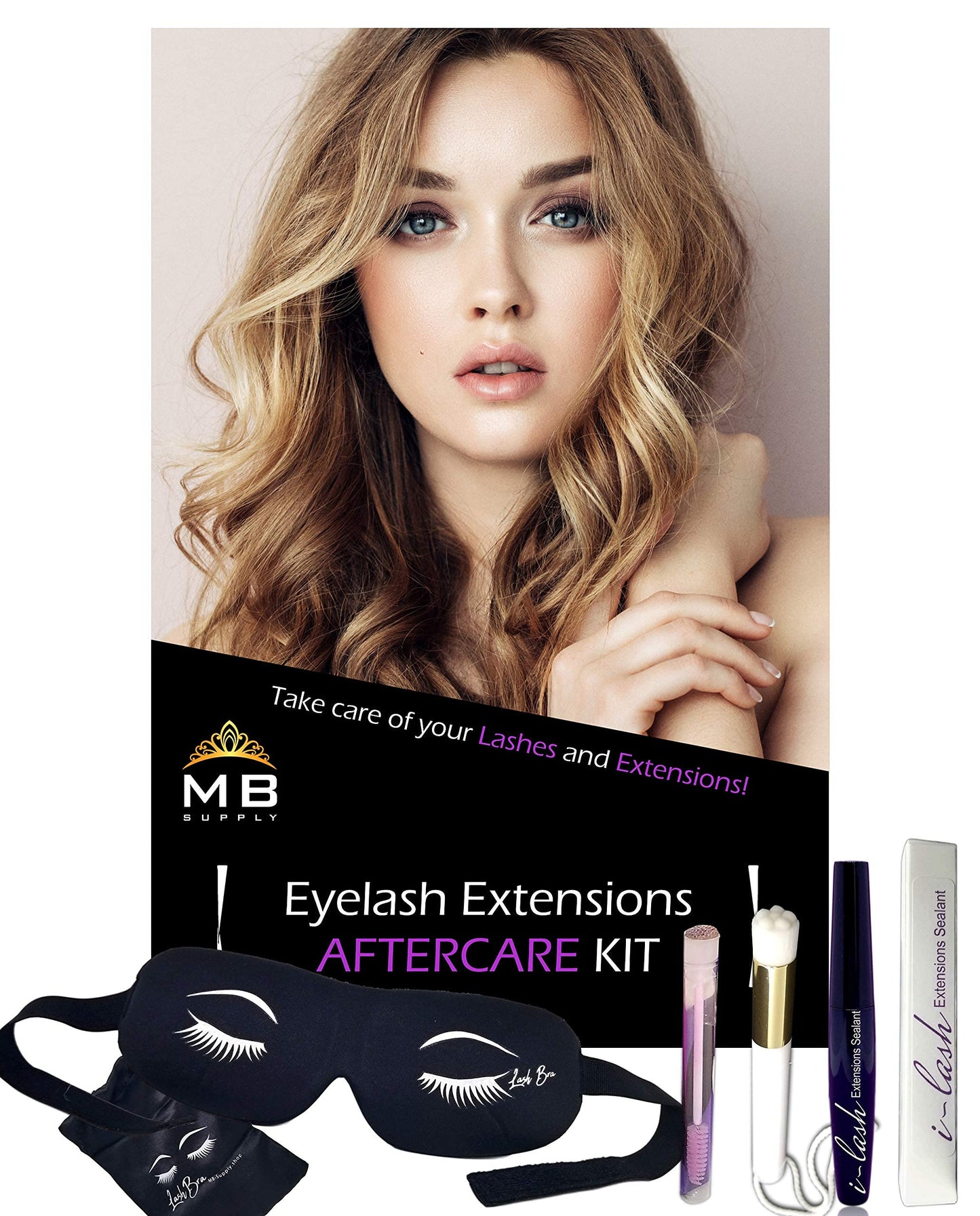 Eyelash Extensions Aftercare Kit With Sealant, Brush, Spoolie and 3D Deep Contour Sleep Mask! Protects Volume Lashes While Sleeping - PINK Lash Bra