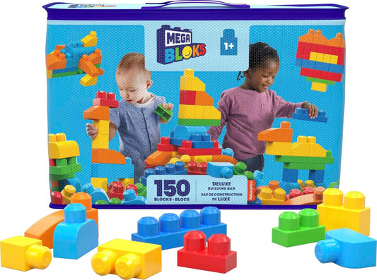 MEGA BLOKS First Builders Deluxe Building Bag with 150 Toddler Blocks, Preschool Learning Toy Set with Storage, Blue, Ages 1+ Years