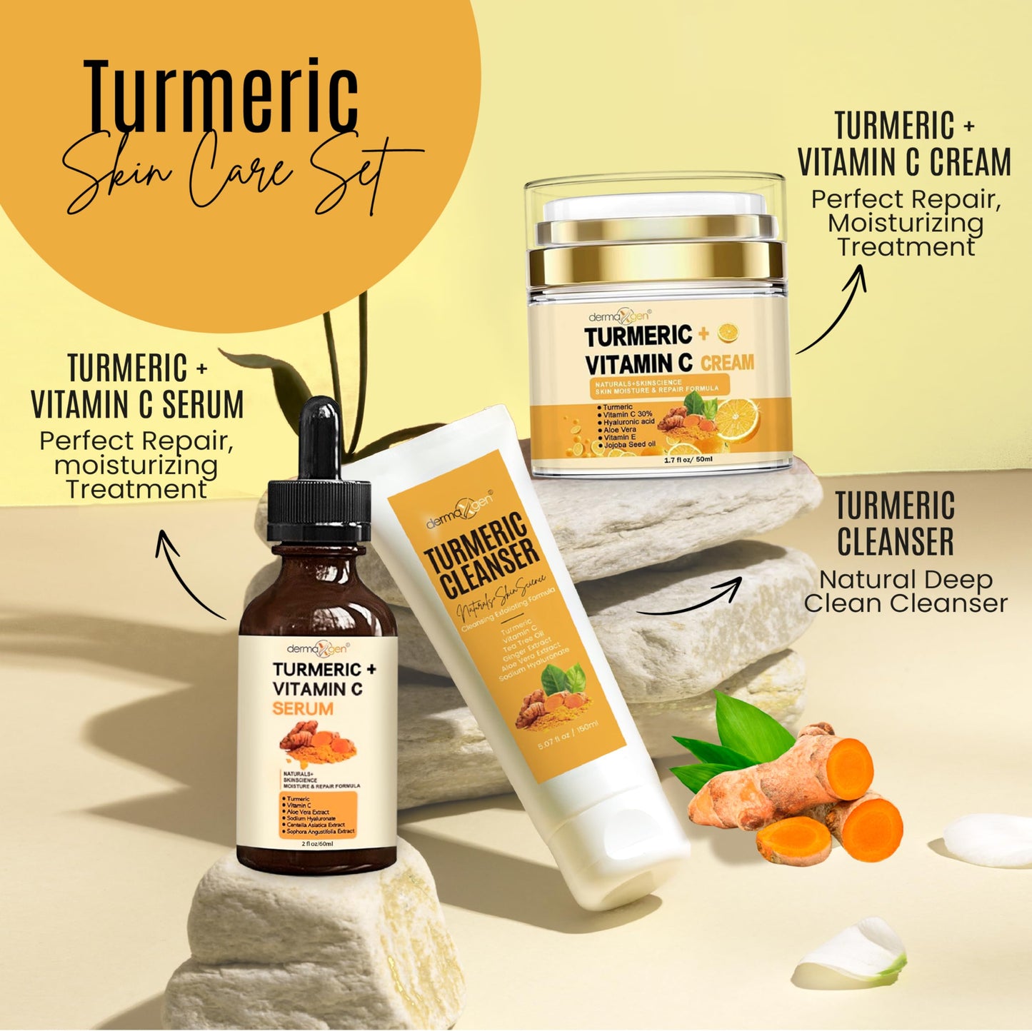 Dermaxgen Turmeric Complete Facial Care Kit - Organic Glowing Skin Anti-Aging, Rejuvenating, Boosting Collagen & Hydrating - Day & Night Brightening