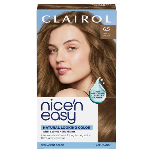 Clairol Nice'n Easy Permanent Hair Dye, 6.5 Lightest Brown | 100% Gray Coverage | Long?Lasting, Natural?Looking Color & Shine | Pack of 1