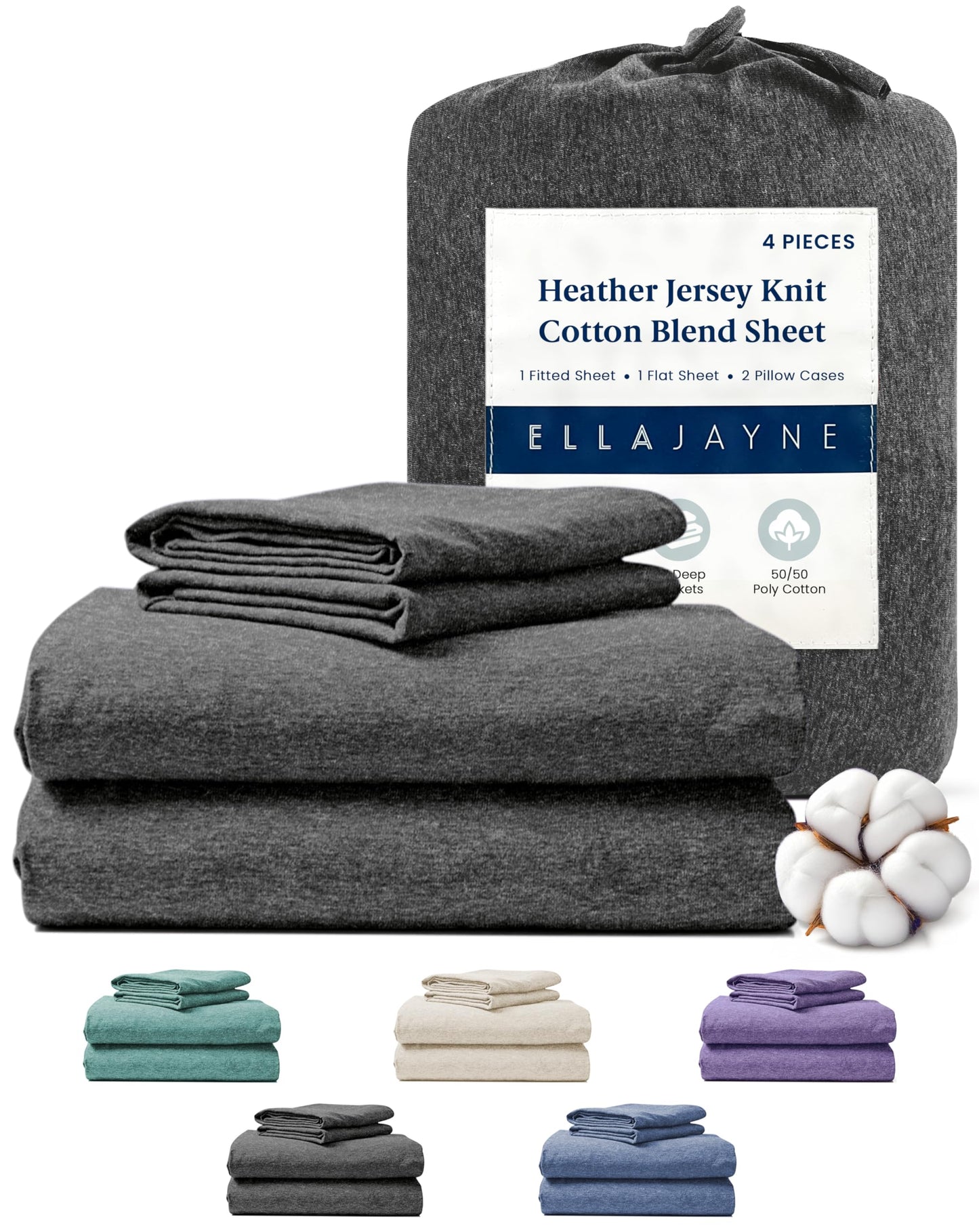 Ella Jayne Jersey Sheets Twin (4 Pieces) All Seasons, Wrinkle Resistant, Cozy Stretchable Knit T-Shirt, Super Soft with Deep Pockets Twin Jersey Sheet