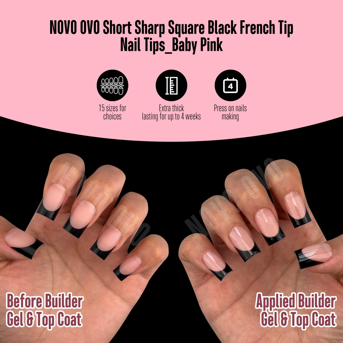 NOVO OVO Short Sharp Square Black French Tip Nail Tips Press on BABY PINK, Extra Thick NEED Nail Glue Builder Gel Top Coat, Soft Gel Full Cover Fake Beauty and Personal Care NOVO OVO