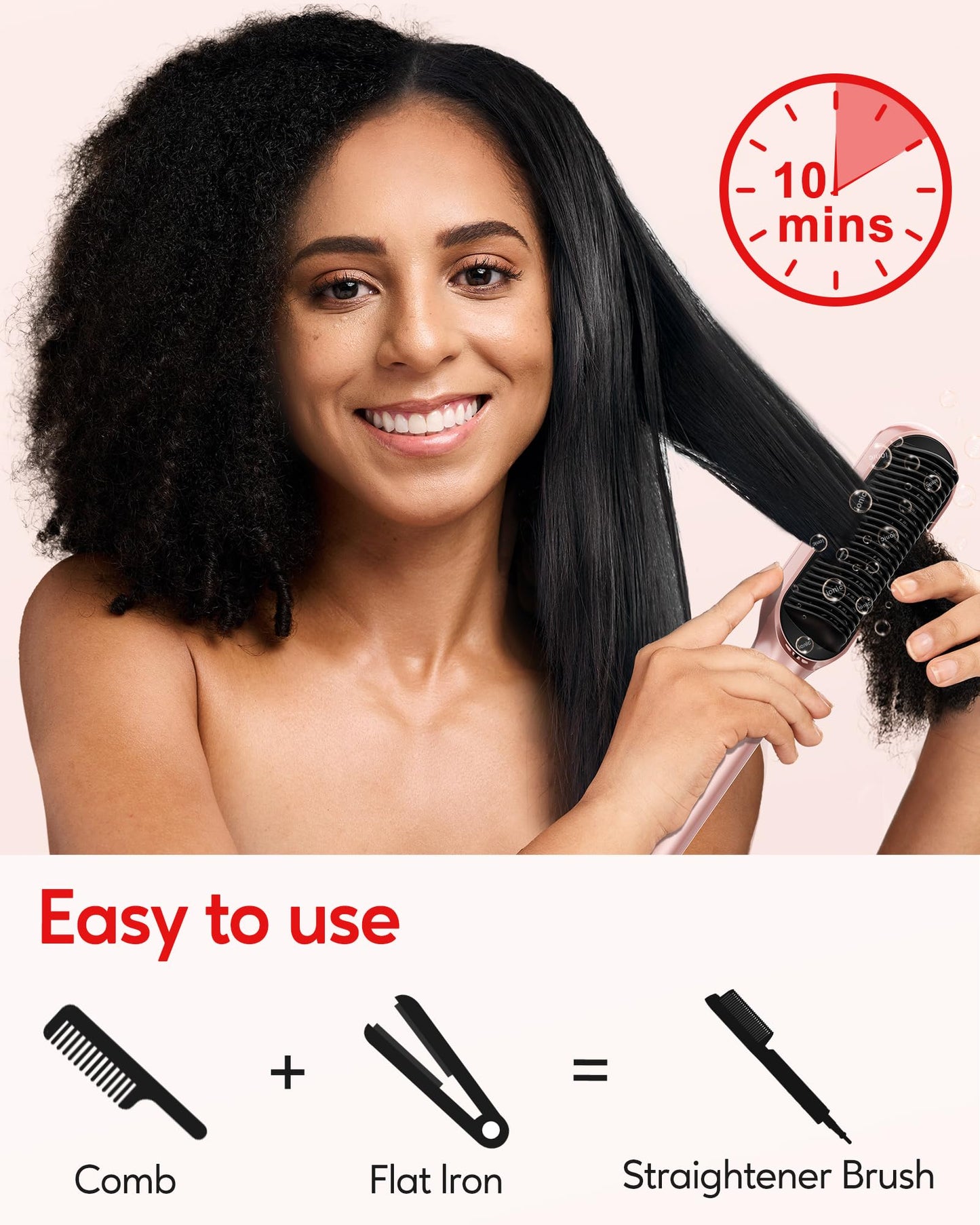 Terviiix Hair Straightener Brush Rose Gold - Ionic Anti-Frizz Hair Straightening Comb with MCH Heater, 13 Heat Settings, Fast Heating 20S, Dual